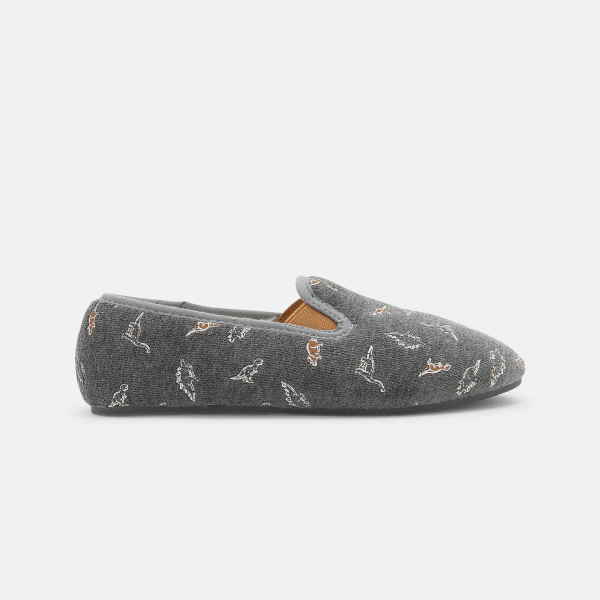 Boys' grey dinosaur faux fur slippers