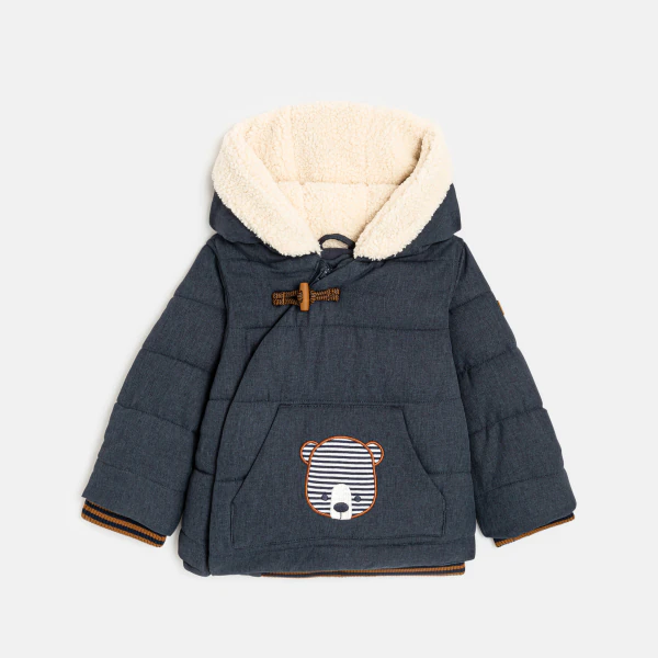 Baby boys' blue bear-themed patch quilted hooded coat