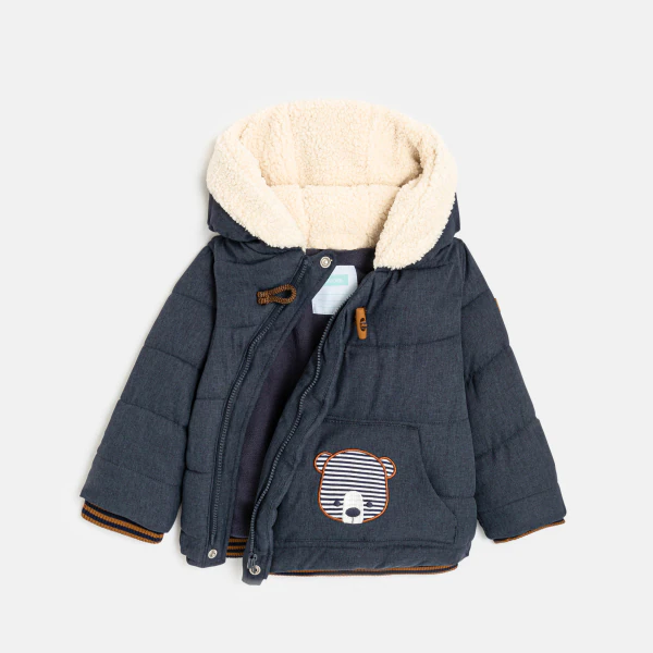 Baby boys' blue bear-themed patch quilted hooded coat