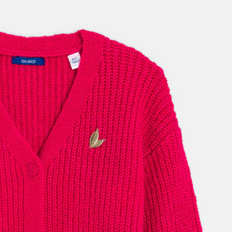 Girls' pink V-neck ribbed cardigan + brooch