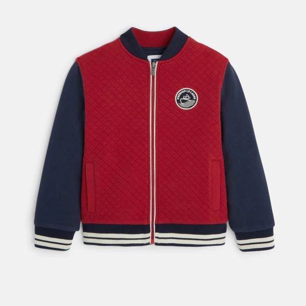 Two-tone quilted fleece letterman jacket