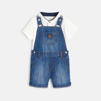 Short denim overalls and Tunisian T-shirt