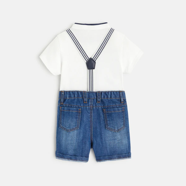 Short denim overalls and Tunisian T-shirt