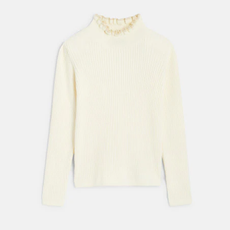 Girls' white ribbed neck jumper