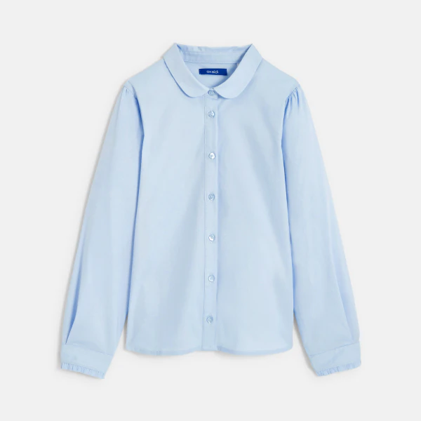 Girls' plain turquoise shirt with Peter Pan collar