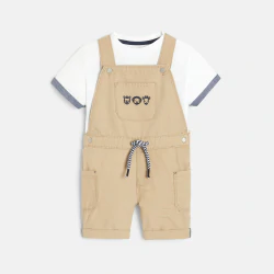 Short fancy knit overalls and piqué knit T-shirt