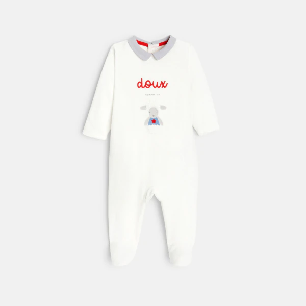 Baby boys' decorative white lamb-themed velvet sleep suit