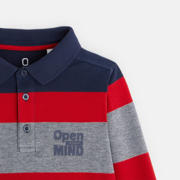 Striped polo shirt with a message "Open your mind"