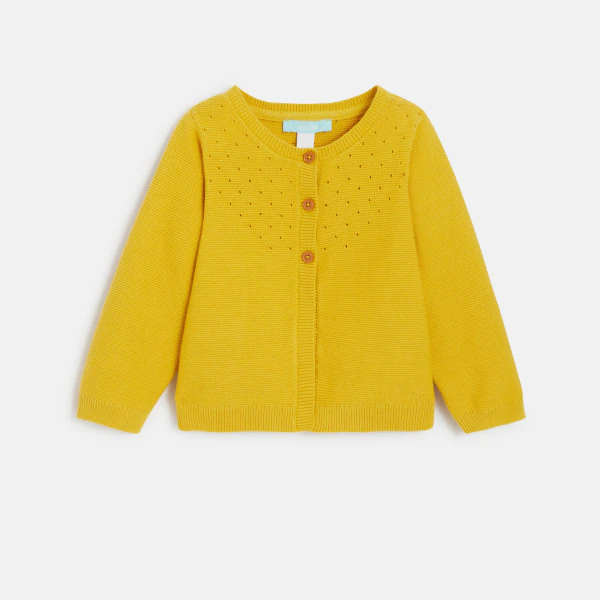 Yellow knitted cardigan with pointelle effect