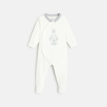 Velour animal footed sleeper with chambray collar