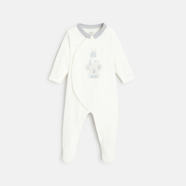 Velour animal footed sleeper with chambray collar