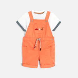 Short dinosaur overalls and piqué knit T-shirt