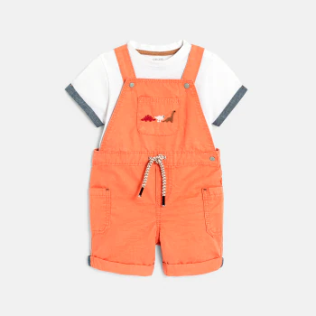 Short dinosaur overalls and piqué knit T-shirt