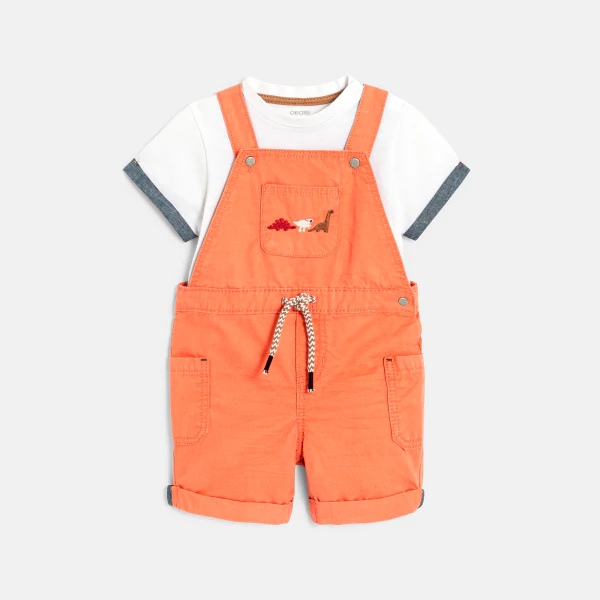 Short dinosaur overalls and piqué knit T-shirt