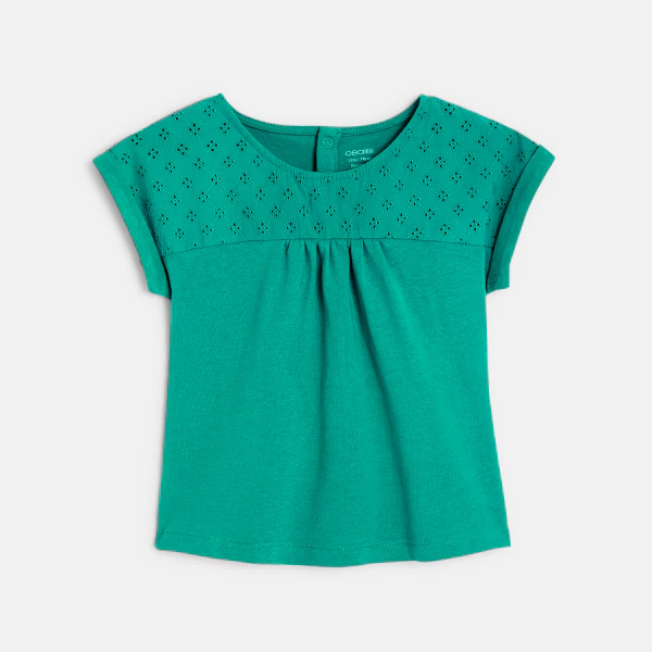 Baby girl's green two-fabric T-shirt with broderie anglaise