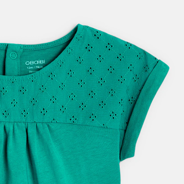 Baby girl's green two-fabric T-shirt with broderie anglaise