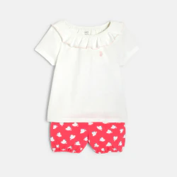 Ruffled collar T-shirt and bird print fleece shorts