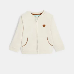 Baby girls' beige heart patch fleece zip-up sweatshirt