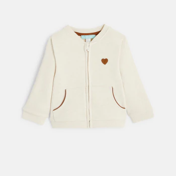 Baby girls' beige heart patch fleece zip-up sweatshirt