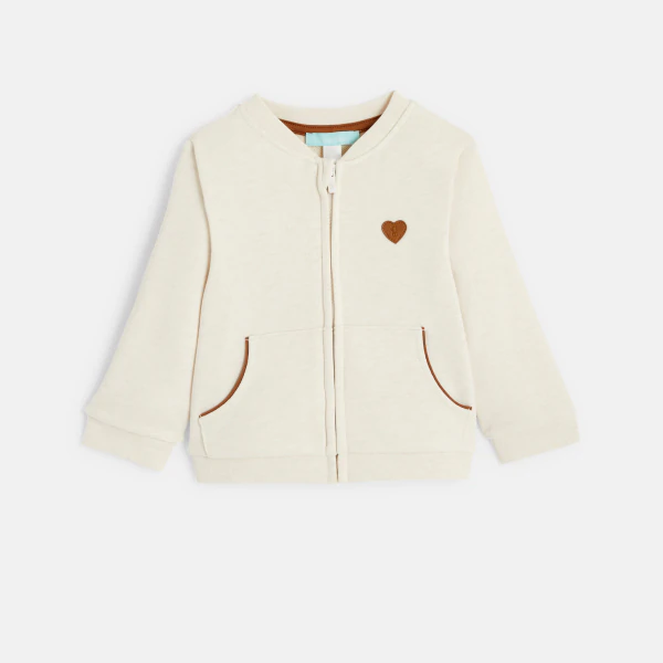 Baby girls' beige heart patch fleece zip-up sweatshirt