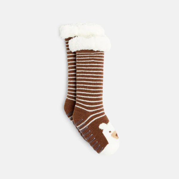 Baby boys' brown bear anti-slip socks with sherpa-style lining