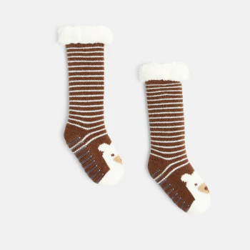 Baby boys' brown bear anti-slip socks with sherpa-style lining