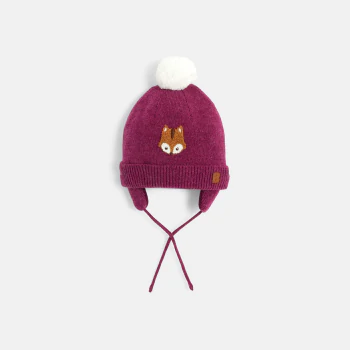 Baby girls' pink knitted fox-themed beanie with fleece lining