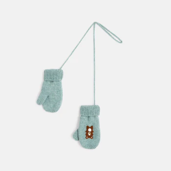 Baby boys' green animal-themed knitted mittens with fleece lining