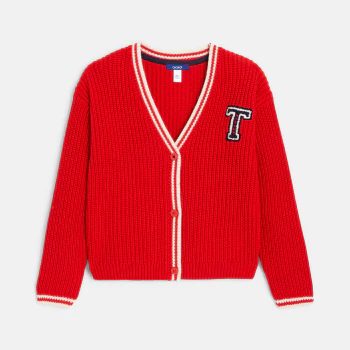 Girls' red rib-knit campus cardigan