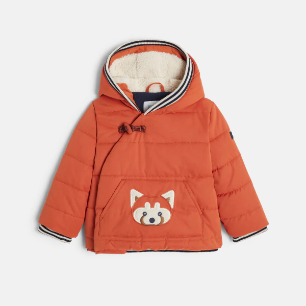 Baby boys' lined quilted coat with embroidered orange fox