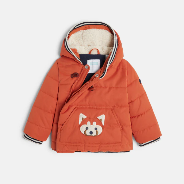 Baby boys' lined quilted coat with embroidered orange fox