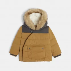 Baby boys' brown quilted fleece coat with trim and hood