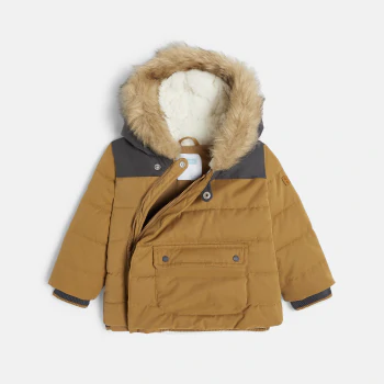 Baby boys' brown quilted fleece coat with trim and hood