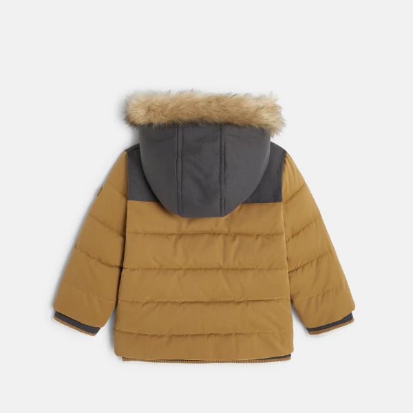 Baby boys' brown quilted fleece coat with trim and hood