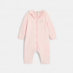 Newborns' knitted jumpsuit with pink ruffled collar