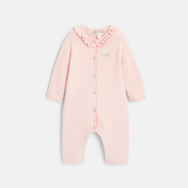 Newborns' knitted jumpsuit with pink ruffled collar