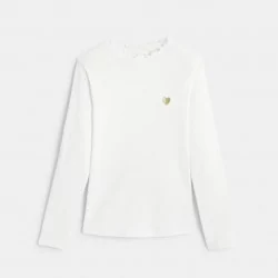 Girls' white ribbed T-shirt with heart embroidery