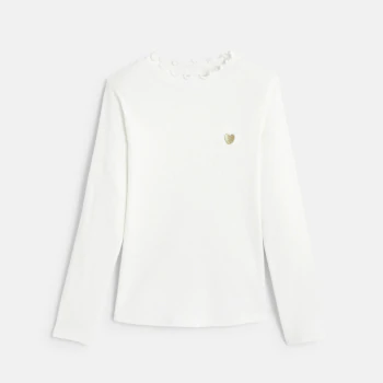 Girls' white ribbed T-shirt with heart embroidery