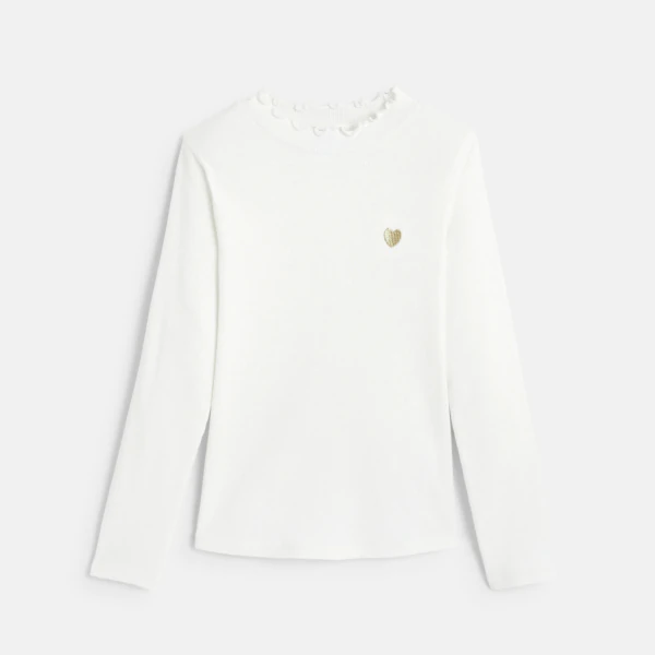 Girls' white ribbed T-shirt with heart embroidery