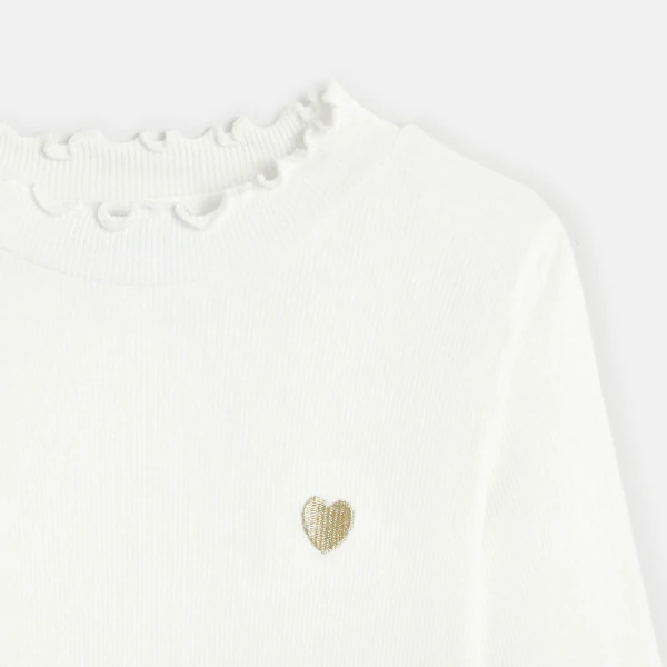 Girls' white ribbed T-shirt with heart embroidery