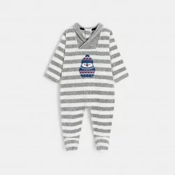 Baby boys' striped grey penguin velvet sleep suit