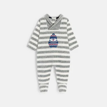 Baby boys' striped grey penguin velvet sleep suit