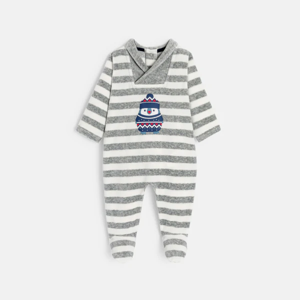 Baby boys' striped grey penguin velvet sleep suit