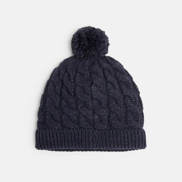 Girl's shiny navy blue cable-knit hat with pompom