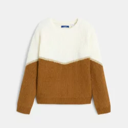 Girls' ecru and brown ribbed jumper