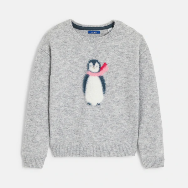 Girls grey penguin motif jacquard sweater