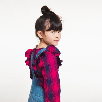 Girls' red check ruffled blouse