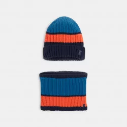 Boys' blue striped beanie + snood set