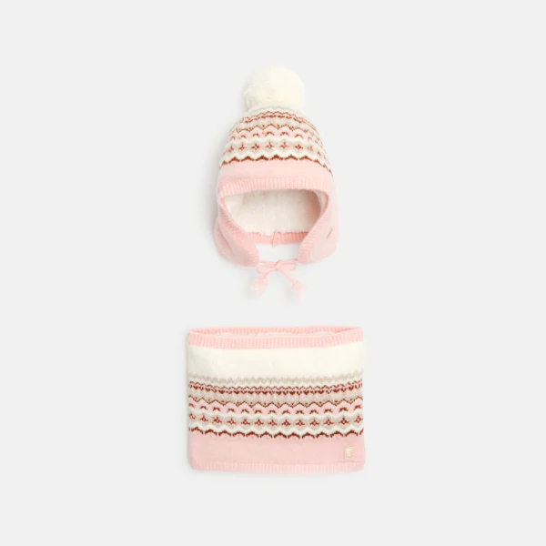 Girls pink jacquard beanie and snood set