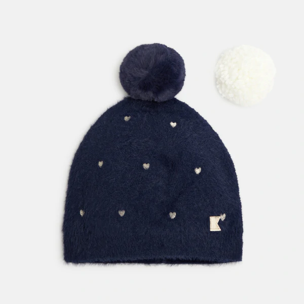 Girls' blue hat with removable pompom